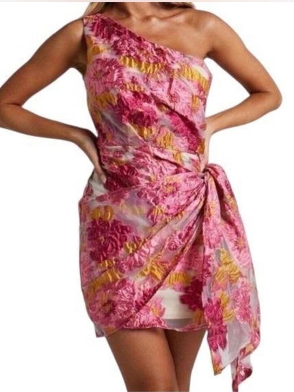 Hello Molly Pink & Yellow One-Shoulder Floral Tie-Waist Mini Dress